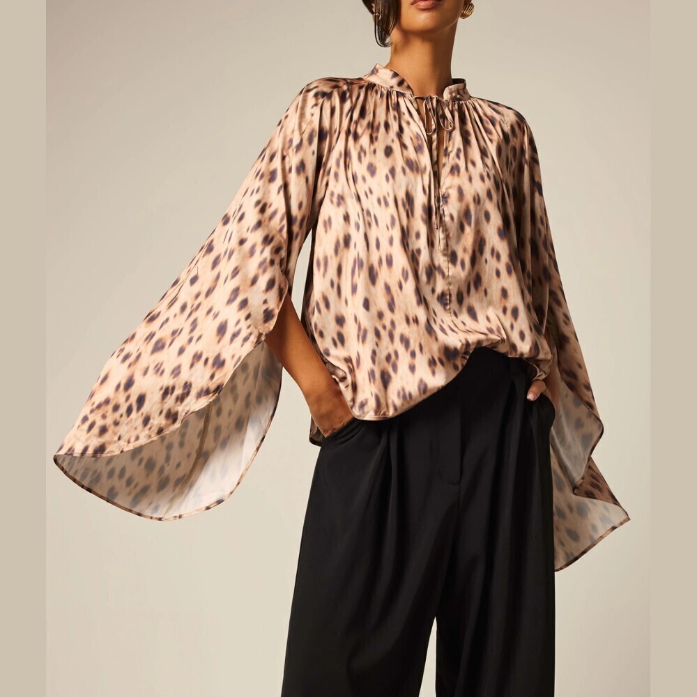 Tan Leopard Print Tie Neck Wide Flare Sleeve Oversized Blouse
